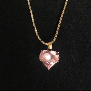 Pink Heart Pendant Gold Tone Chain Necklace